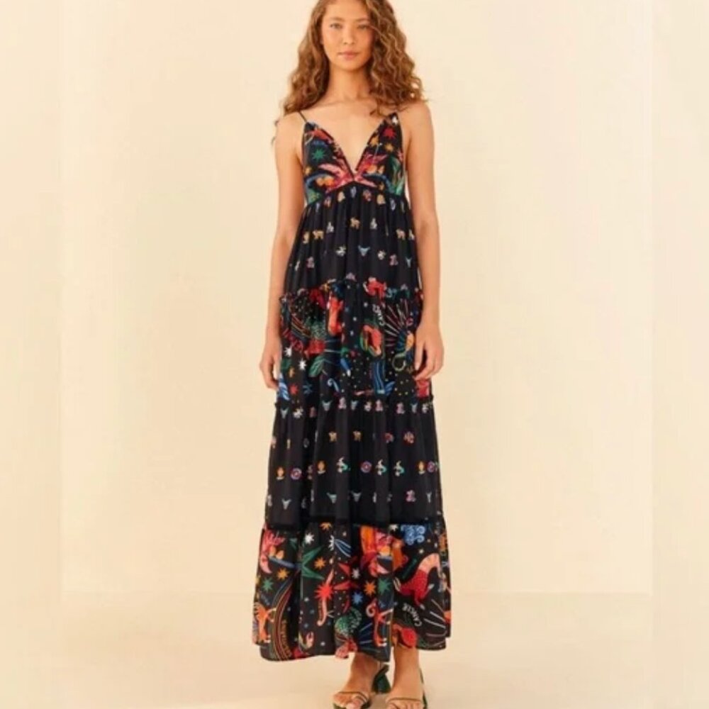 FARM RIO Rio Zodiac Embroidered Maxi Dress Black S NWT $295